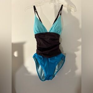 SPANX shape-wear bathing suit. Cross back. Blue and dark brown.